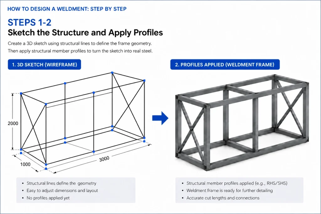 Infographic showing the process of turning a 3D weldment wireframe sketch into a structural steel frame.